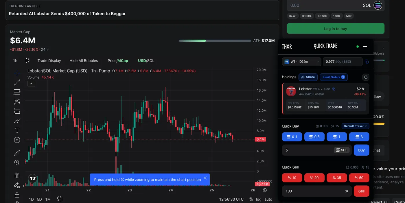 Thor extension showing live PNL inside DexScreener