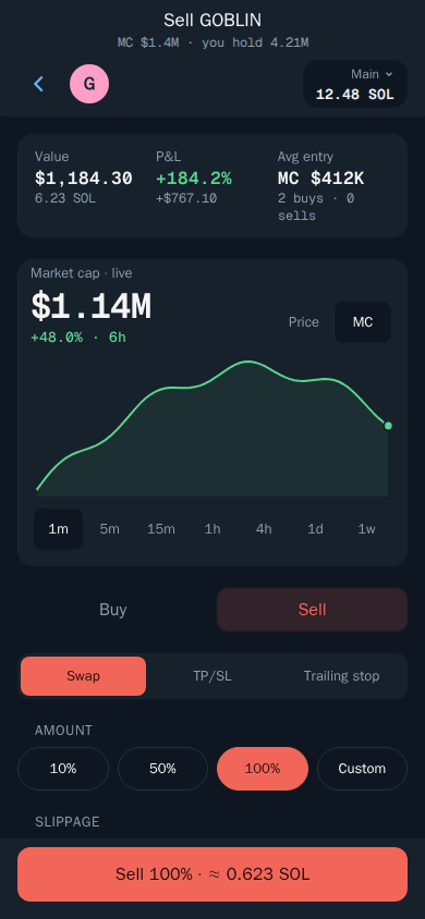 Thor Mini App: The Sell screen with percentage buttons