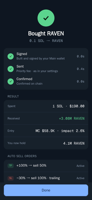 Thor Mini App: Trade status shows each step and the result