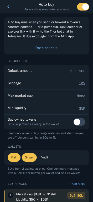 Thor Mini App: Auto buy settings and buy ranges