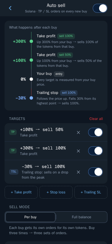 Thor Mini App: Auto sell targets and sell mode