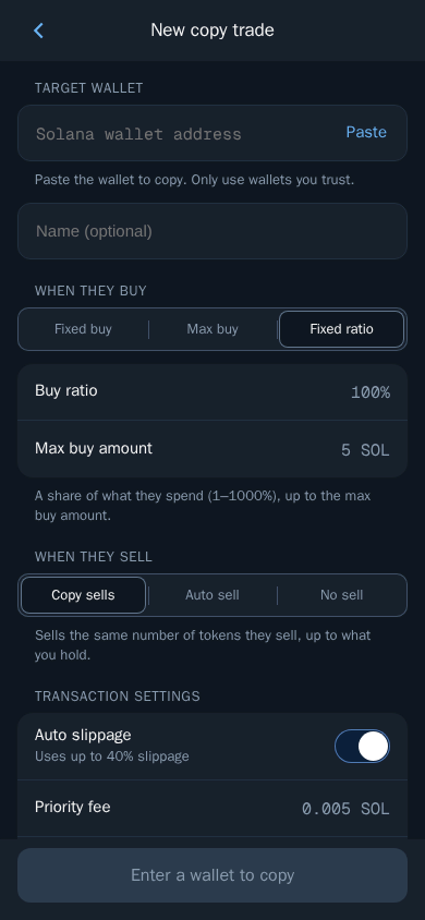 Thor Mini App: Set up a new copy trade