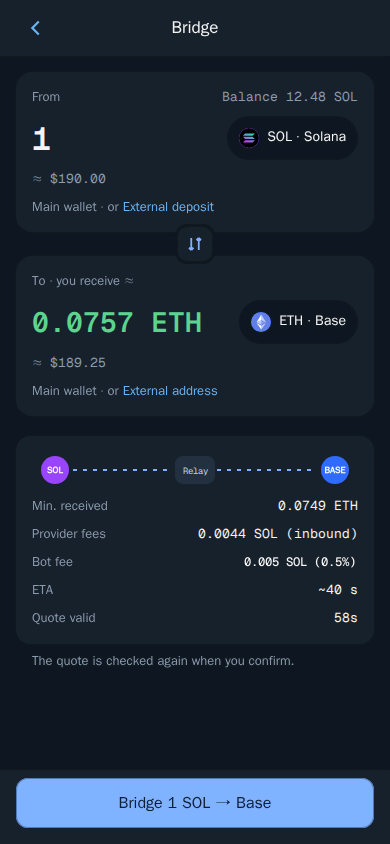 Thor Mini App: A bridge quote with fees and arrival time