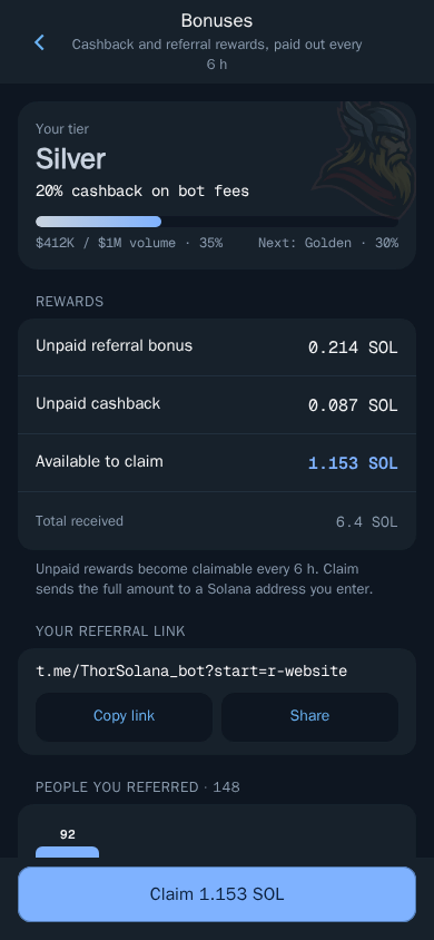 Thor Mini App: Your tier and rewards with your referral link in Bonuses