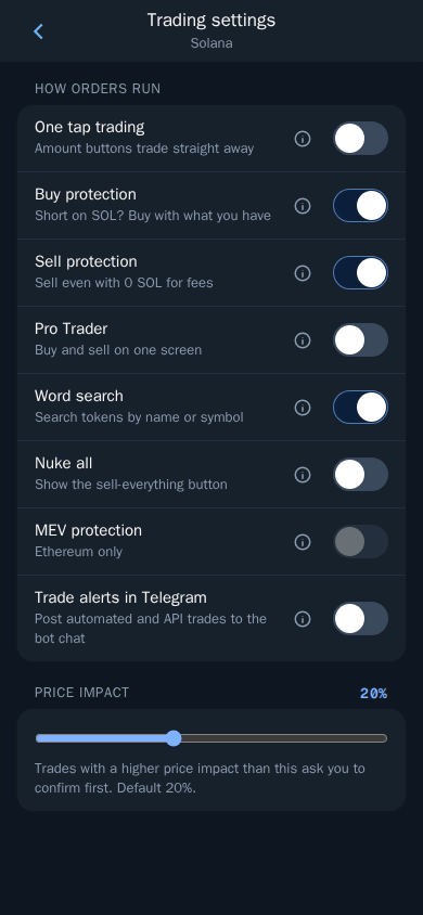 Trading settings