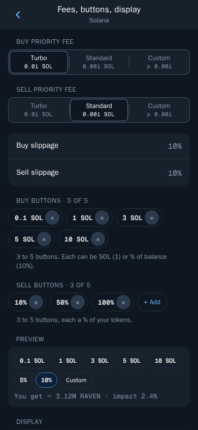 Thor Mini App: Buy and sell slippage with priority fees on Fees, buttons, display