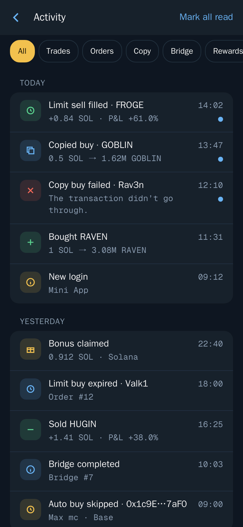 Thor Mini App: Activity with filters for trades, orders, copy trades and more