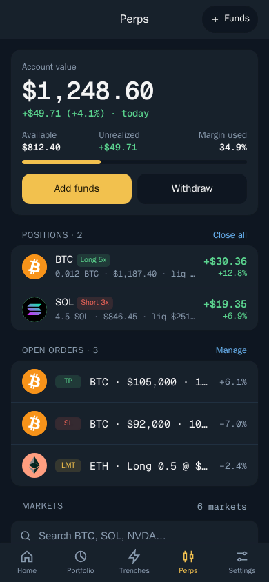 Thor Mini App: The Perps home with a SOL short and a BTC long open