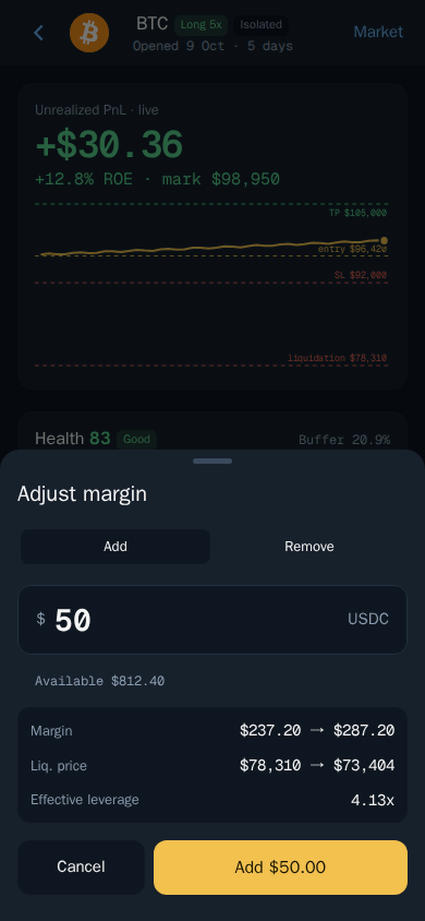 Thor Mini App: Adding $50 of margin moves the liquidation price from $78,310 to $73,404