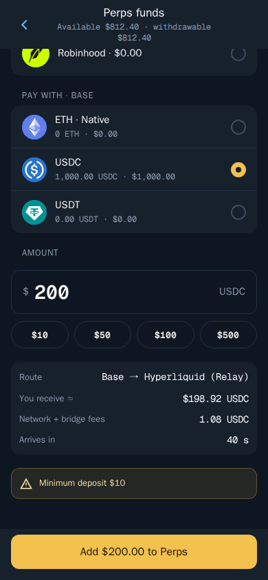 Thor Mini App: Add USDC to Perps