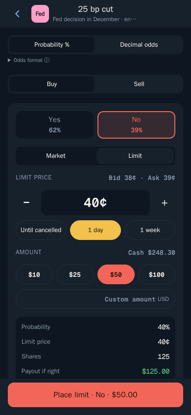Thor Mini App: A limit order for No at 40¢ that stays open for 1 day
