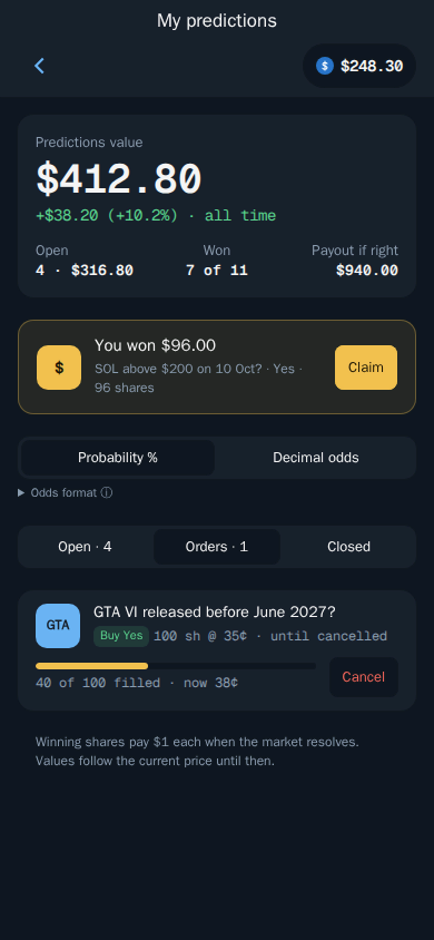 Thor Mini App: An open order 40 of 100 shares filled, with Cancel