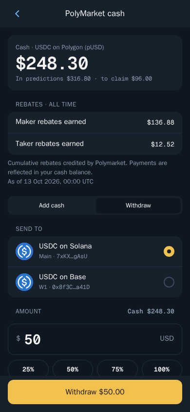 Thor Mini App: Withdraw $50 of predictions cash as USDC to a Thor wallet