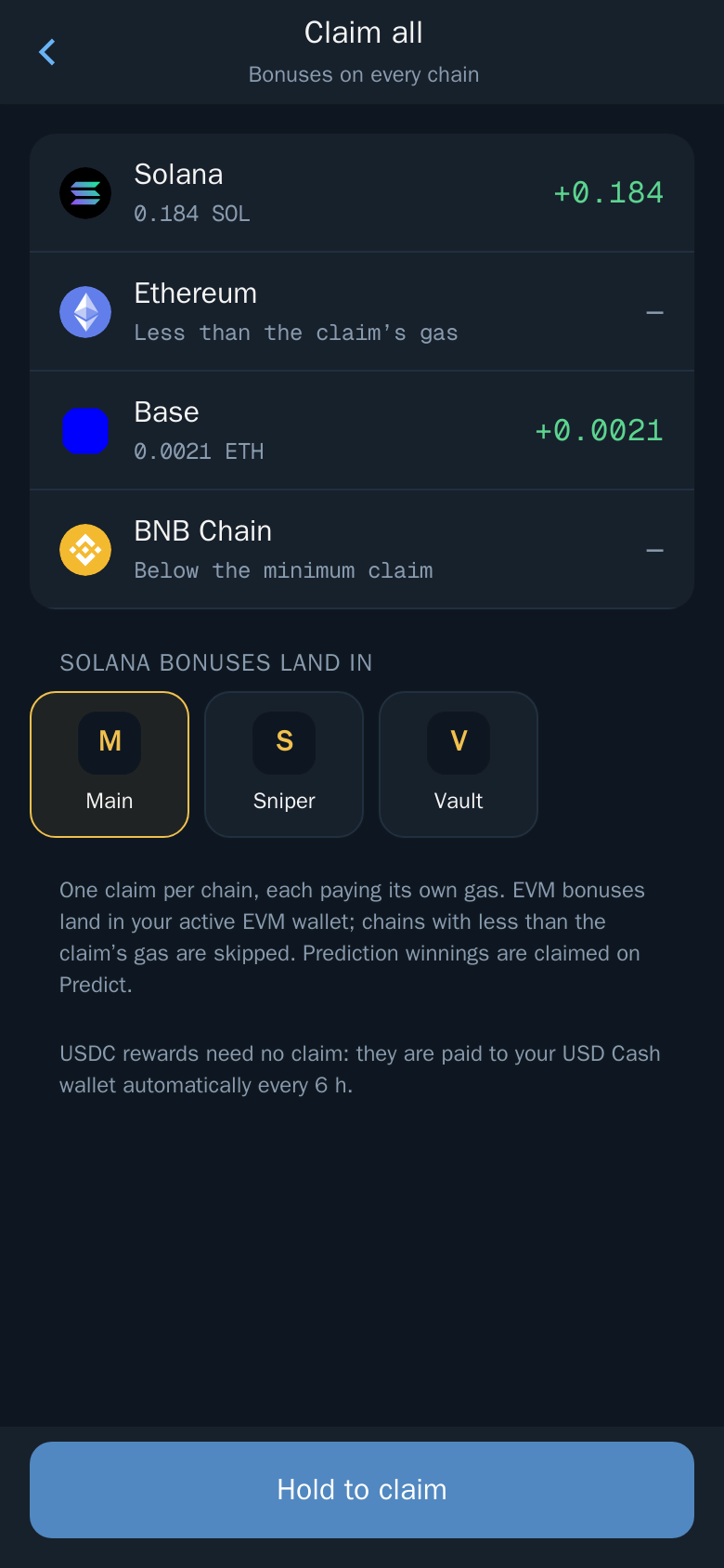 Thor Mini App: Claim all: one claim per chain, then Hold to claim