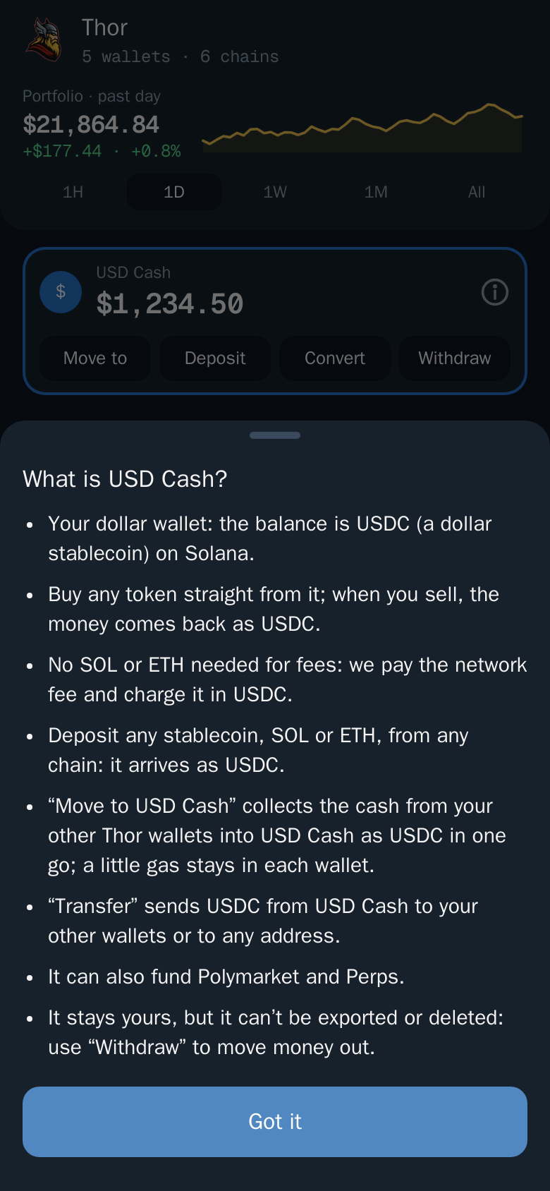 Thor Mini App: USD Cash on Home with Move to, Deposit, Convert and Withdraw