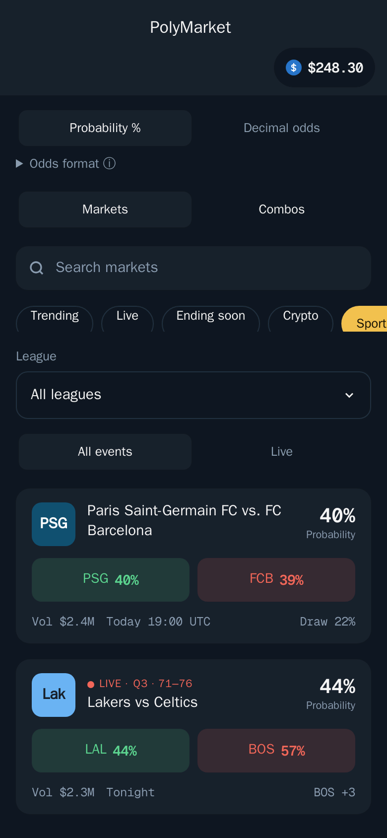 Thor Mini App: Sports on PolyMarket with leagues, live games and each side's probability