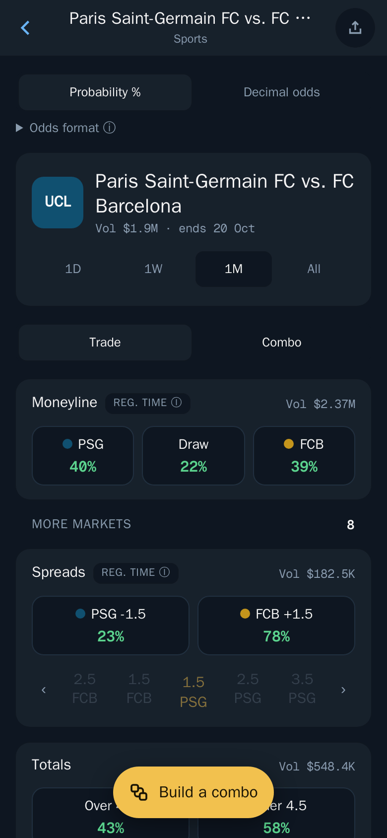 Thor Mini App: A match with moneyline, spreads, totals and Build a combo