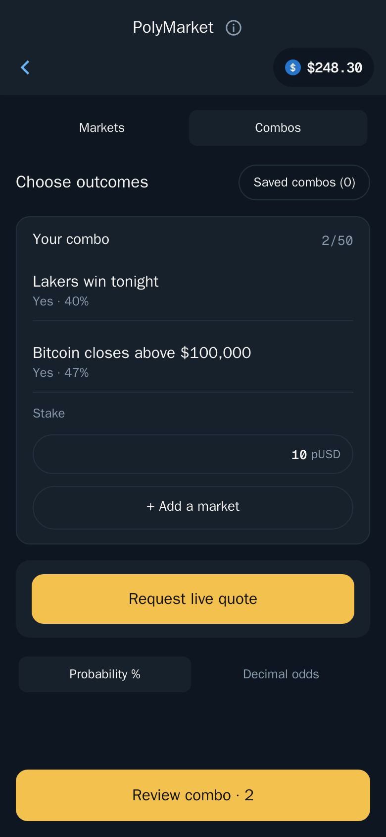 Thor Mini App: Building a combo: two picks, a stake and Request live quote