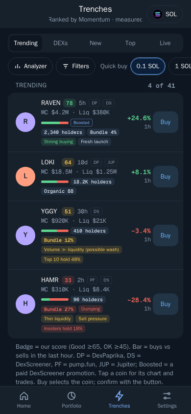 Thor Mini App: Trenches with a quick buy amount and Filters