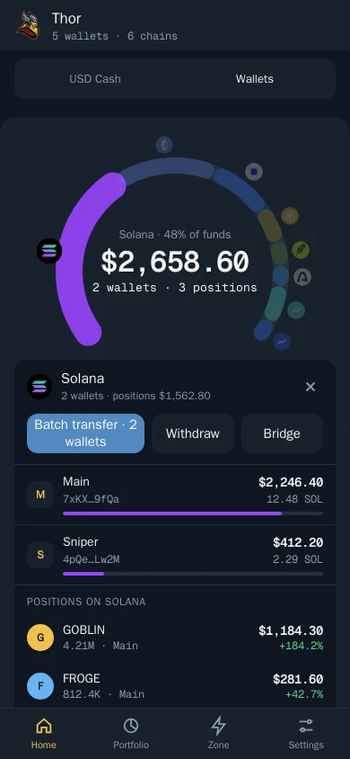 Thor Mini App: The Wallets tab: funds by chain on an arc, with Solana open to show its wallets and positions