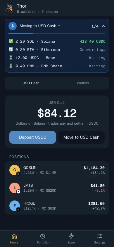 Thor Mini App: Home with the USD Cash tab: the USDC balance, Deposit USDC, Move to USD Cash and positions from several chains