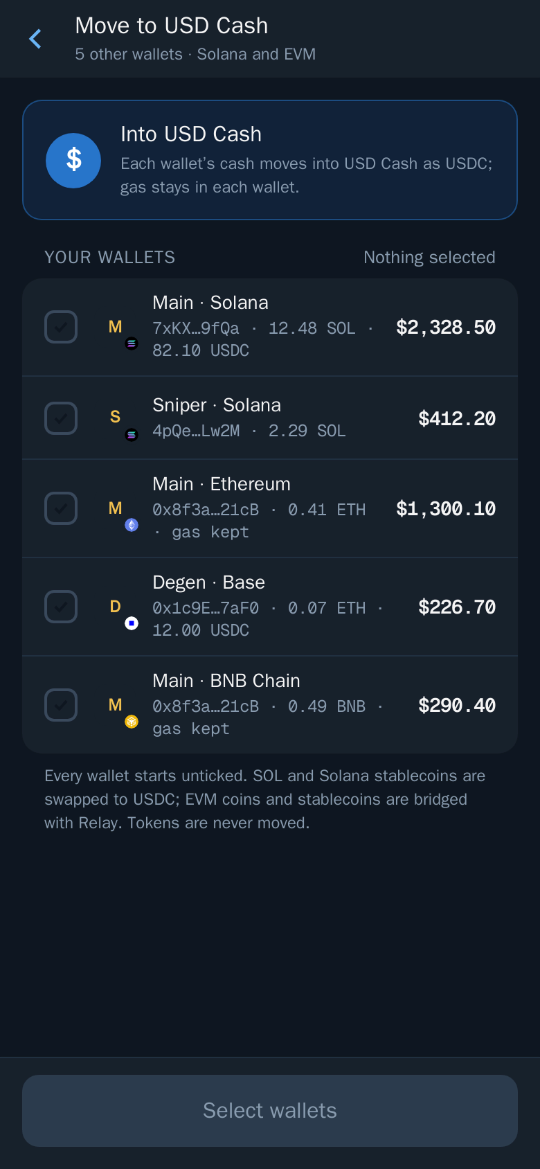 Thor Mini App: Move to USD Cash: tick the wallets, then hold to move