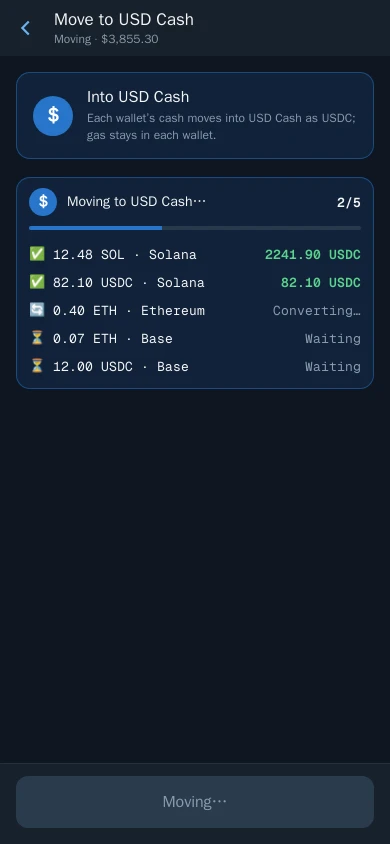 Thor Mini App: The progress bar: SOL and USDC on Solana done, ETH on Ethereum converting, Base waiting