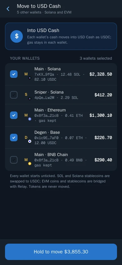 Thor Mini App: Move to USD Cash with three wallets ticked on Solana, Ethereum and Base, and the hold button