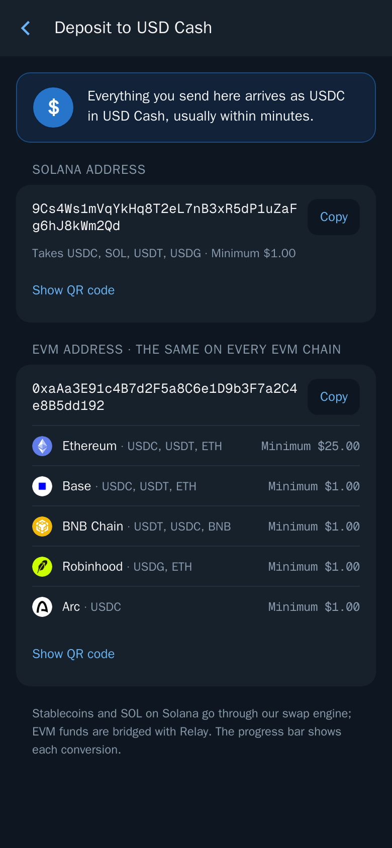 Deposit to USD Cash