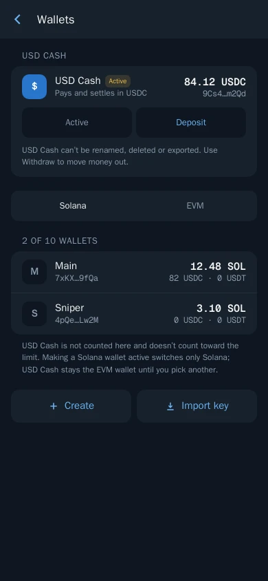 Thor Mini App: USD Cash in Wallets, above the Solana and EVM lists
